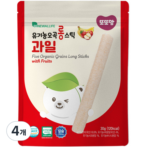 또또맘 유아용 유기농 오곡 롱스틱 과자 30g, 4개, 과일맛