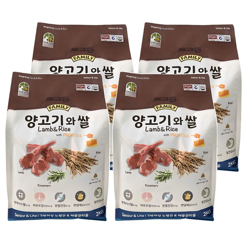 도그랑 시니어 강아지 훼미리 건식사료, 양+쌀, 2kg, 4개