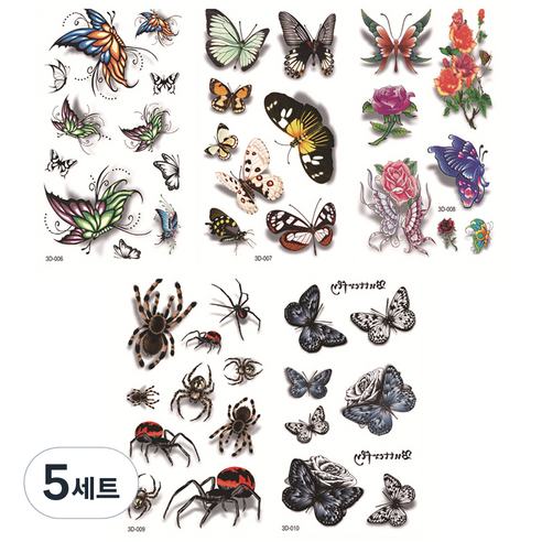 컬러 나비 장미 문신 타투 스티커 5종 세트, 02, 5세트