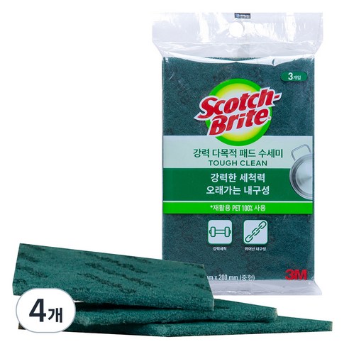3M 스카치브라이트 강력 다목적 패드 수세미 중형, 3개입, 4개