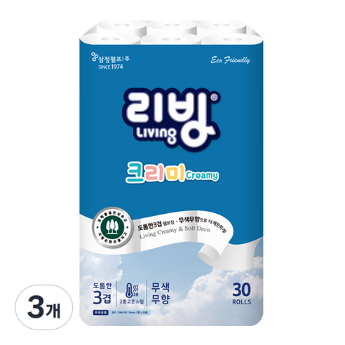 리빙티슈 3겹 크리미 롤화장지 25m, 30롤, 3개