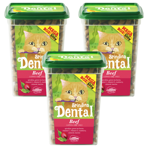 캣템 고양이 스피루리나 덴탈 이빨과자 대용량 메가박스, 비프, 500g, 3개
