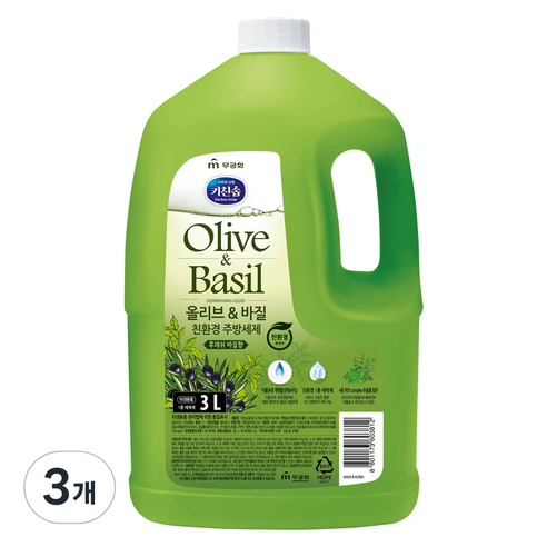 키친솝 올리브 앤 바질 주방세제, 3L, 3개