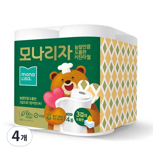 모나리자 주방을부탁해 놀랄만큼도톰한 3겹 천연펄프 키친타올 130매, 4개입, 4개