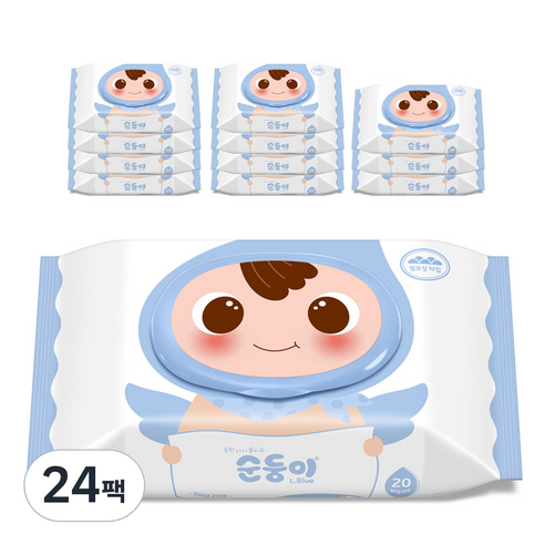 순둥이 유아용 오리지널 플러스 엘블루 휴대 물티슈 캡형 75평량, 75g, 20매, 24세트