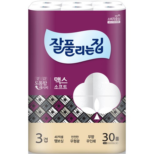 잘풀리는집 3겹 맥스소프트 화장지 30m, 1개, 30롤