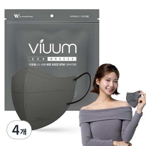 Viuum 에코 브리즈 새부리형 마스크 중형 KF94, 25개입, 4개, 그레이