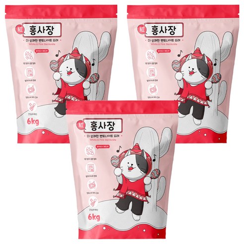 홍사장 탈취강화형 벤토나이트 모래, 6kg, 3개