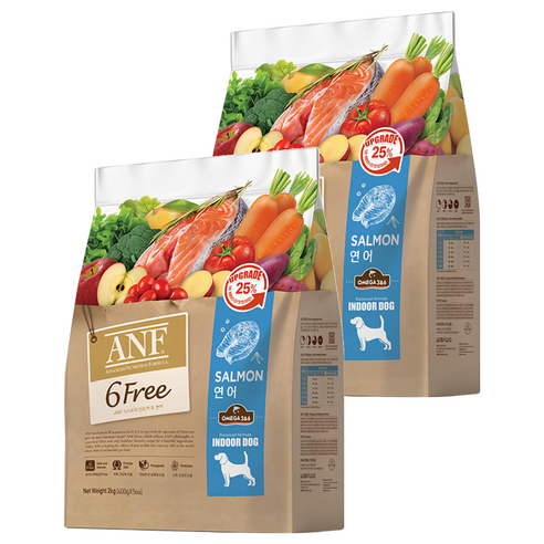ANF 생후 4개월 이상 인도어 독 식스프리 건식사료, 연어, 2kg, 2개