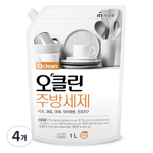 무궁화 오클린 친환경 주방세제 리필, 1L, 4개