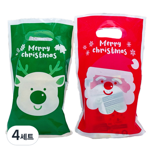 더팩컴퍼니 크리스마스 메리루돌프 손잡이 비닐백 50p + 레드산타 손잡이 비닐백 50p 세트, 혼합색상, 4세트
