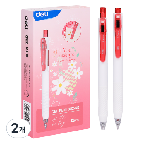 델리 노크식 칼라 젤펜 0.5mm EG22 12p, 레드, 2개