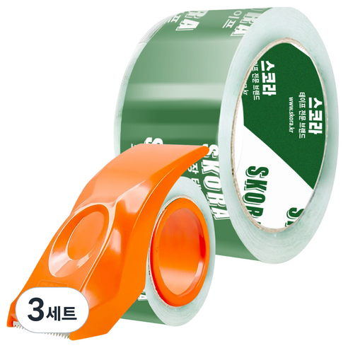 스코라 고투명 박스 테이프 중포장 50m + 커터기 세트, 3세트