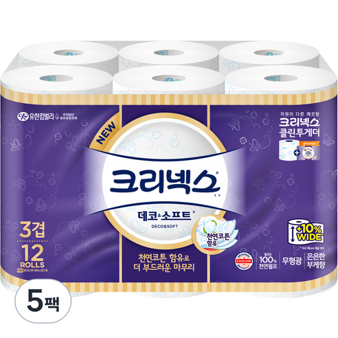 크리넥스 천연펄프 데코 앤 소프트 롤화장지 35m, 12롤, 5팩