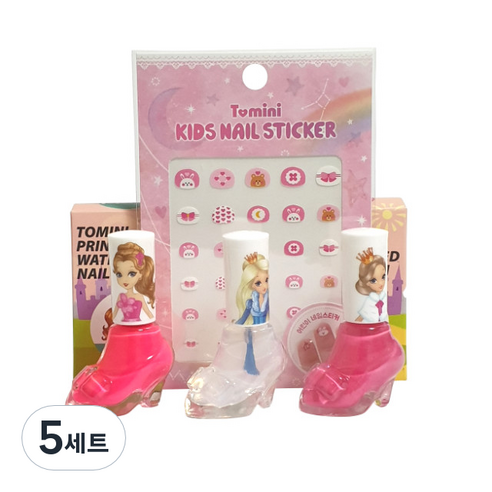 투미니 어린이 프린세스 수성 매니큐어 + 스티커 랜덤발송, BS세트(핑크, 체리핑크, 투명), 5개