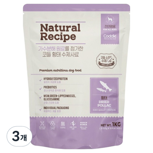 코들 전연령용 강아지 네이처 레시피 프리미엄 습식 수제사료 5p, 황태, 1kg, 3개