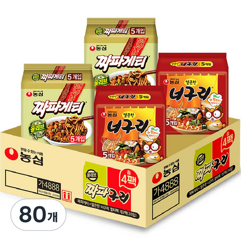 농심 짜파게티 10개 140g + 얼큰한너구리 10개 120g, 80개