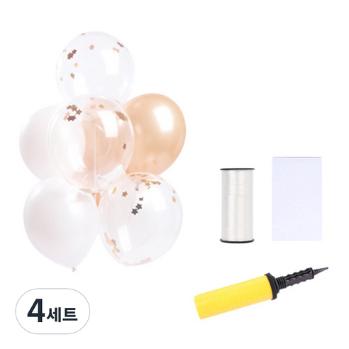 메탈릭 스타 컨페티 풍선 10p + 펄풍선 20p + 손펌프 랜덤발송 + 컬링리본 화이트 소 + 스펀지닷 25p 세트, 로즈골드, 4세트