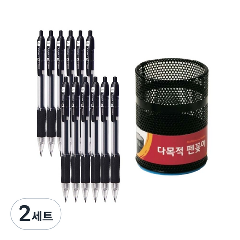 동아 P 노크 볼펜 0.4mm 12p + 이글 메탈 펜꽂이 소 세트, 검정(펜), 블랙(펜꽂이), 2세트