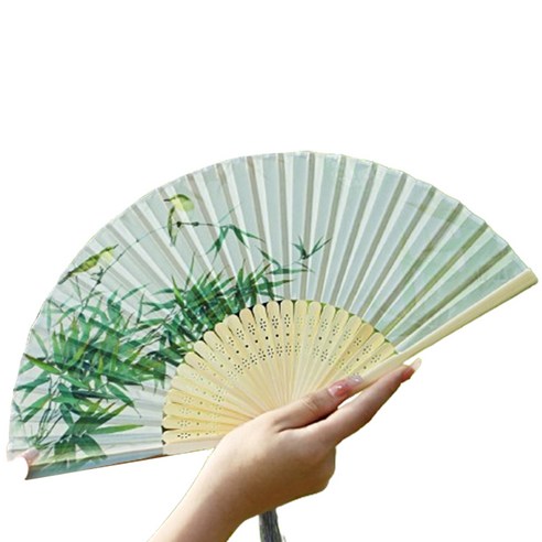 뽀르픽 시원한 전통 수묵화 대나무 선물 접이식 부채, 화이트레트로그린, 2개