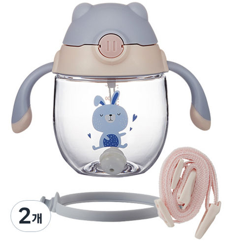 락앤락 스트랩 유아용 쁘띠 프렌즈 빨대컵 300ml, 블루(ABF790BLU), 2개