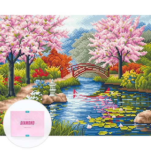 디클레어 액자 캔버스형 보석십자수 DIY 키트 40 x 50 cm, 벚꽃과 호수, 1세트