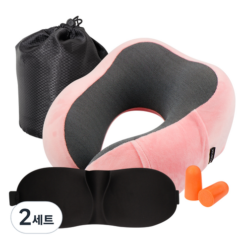 카템 떠나요 메모리폼 목쿠션 + 수면안대 + 귀마개 + 파우치 세트, 핑크, 2세트