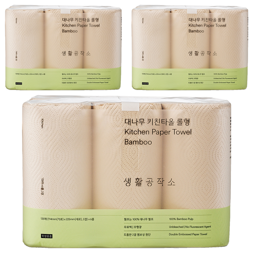 생활공작소 대나무 키친타올 롤형, 6롤, 3개