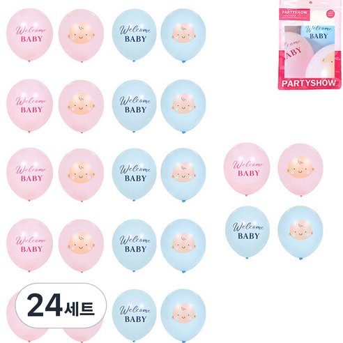 파티쇼 스마트 케이스 풍선 40번 30.5cm 웰컴 베이비 4종 세트, 혼합색상, 24세트
