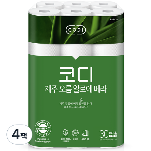 코디 3겹 제주 오름 알로에 베라 화장지 30m, 30개, 4개