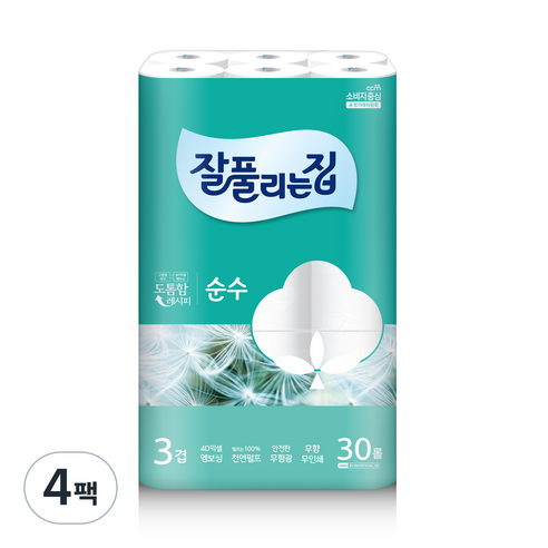 잘풀리는집 3겹 깨끗한 순수 화장지 28m, 30개입, 4개
