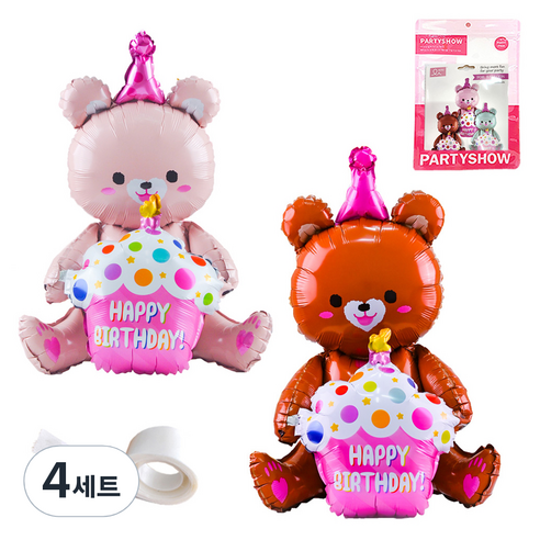 파티쇼 생일파티 곰돌이 은박 풍선 컵케익 2p + 글루닷 접착 스티커 세트, 핑크(곰돌이 은박 풍선), 브라운(곰돌이 은박 풍선), 4세트