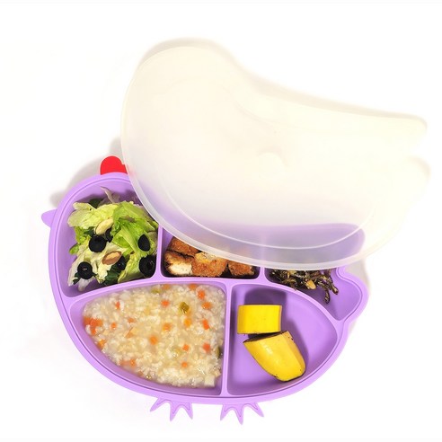 파미레 아동용 실리콘 꼬꼬 흡착 식판, 바이올렛, 식판 + 뚜껑, 1개