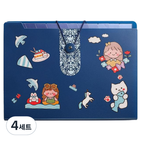 올인셀 데일리 아코디언 파일 12칸 A4 + 스티커 세트, 딥블루(파일), 4세트