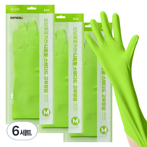 브릭글로 오브제 포 키친 질긴 니트릴 고무장갑, 라임펀치, 중(M), 6세트