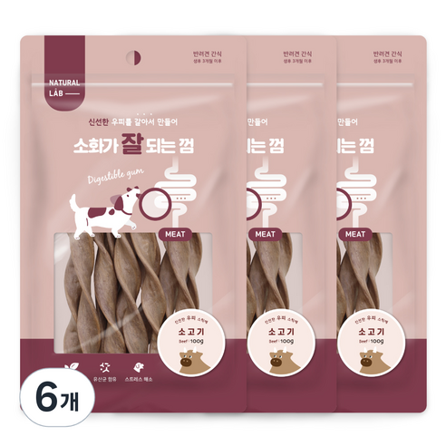 내츄럴랩 소화가 잘되는 껌 강아지 간식, 소고기, 100g, 6개
