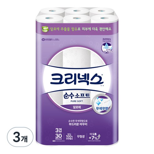 크리넥스 순수 소프트 천연펄프 3겹 고급롤화장지, 27m, 30개입, 3개