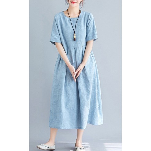 편안함과 세련미를 겸비한 유니제이 지젤라 린넨 플라워패턴 반팔 원피스