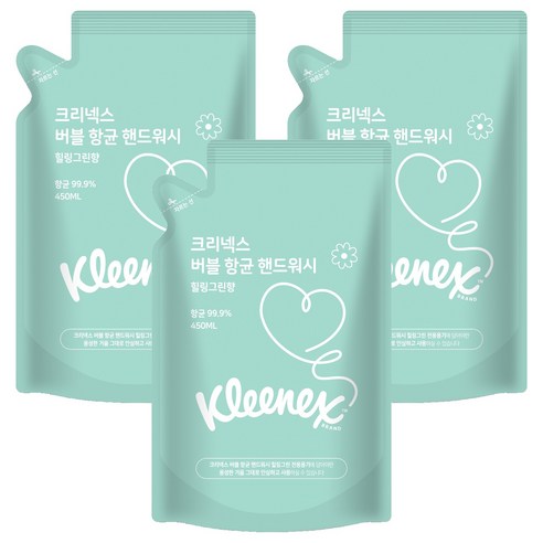 크리넥스 버블 항균 핸드워시 힐링그린향 리필, 450ml, 3개