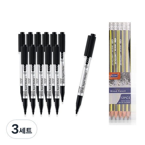 모나미 시그마플로 생잉크 보드마카 F222 12p +스카이글로리 삼각지우개 연필 12p 세트, 블랙, 3세트