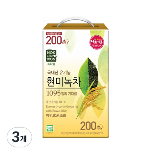 녹차원 국내산 유기농 현미녹차 티백, 1.2g, 200개입, 3개