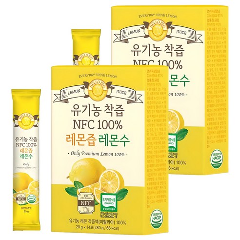 헬로바이오 유기농 착즙 NFC 100퍼센트 레몬즙 레몬수 14p, 280g, 2개
