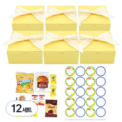 리본 과자 상자 간식 답례품 선물 세트, 간식 9종 x 6p + 라벨스티커 20p, 12세트