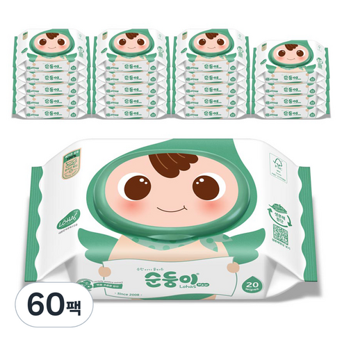 순둥이 로하스 물티슈 휴대캡형 75평량, 60팩, 20매