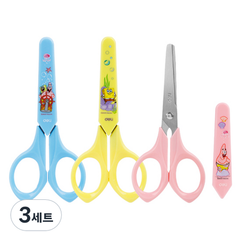 델리 스폰지밥 안전 캡 가위 3종 세트, 3세트, 옐로우, 핑크, 블루