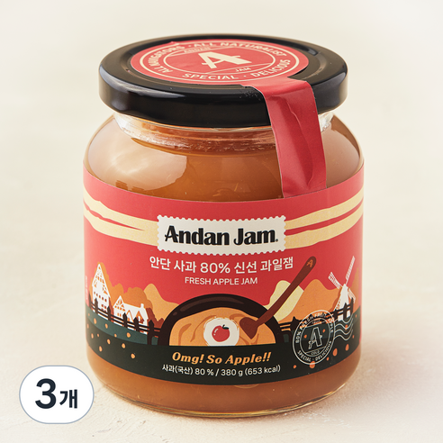 안단잼 사과 80% 신선 과일 잼, 380g, 3개