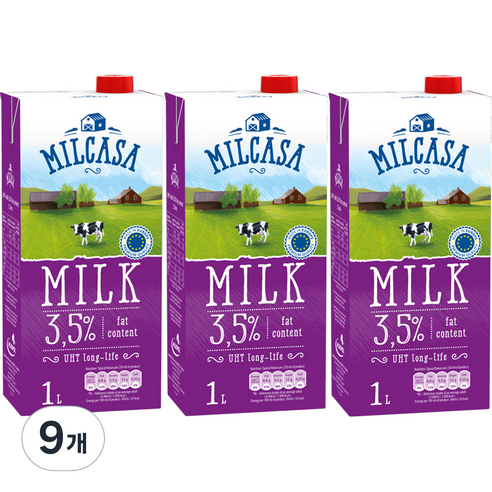 밀카사 멸균우유 3.5%, 1L, 9개