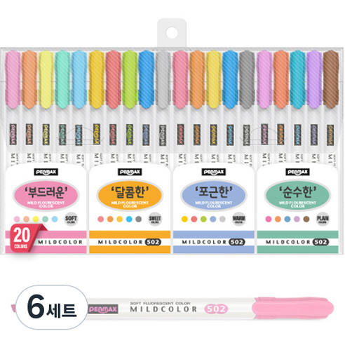 펜맥스 마일드컬러 형광펜 20p 세트, 혼합색상, 6세트