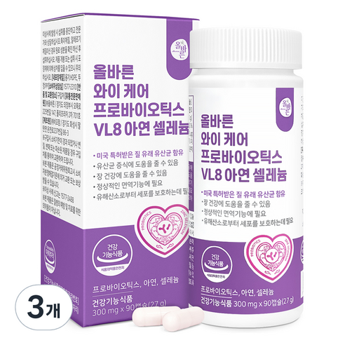 올바른건강식품 와이 케어 프로바이오틱스 VL8 아연 셀레늄 27g, 90정, 3개