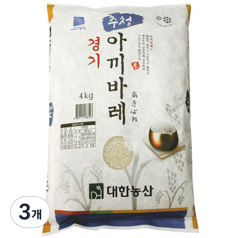 대한농산 경기 추청 아끼바레 백미, 4kg(상등급), 3개